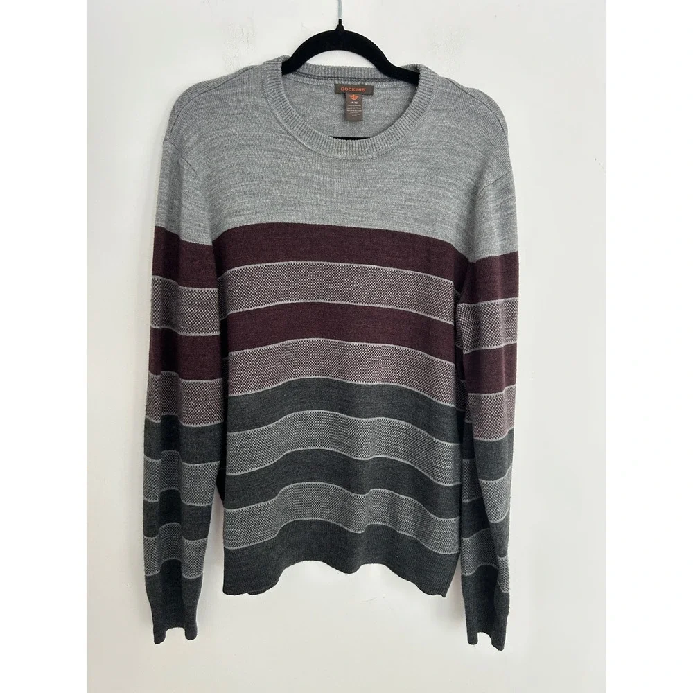 Dockers Mens Striped Crewneck Sweater Grey Burgundy Charcoal Acrylic Size M